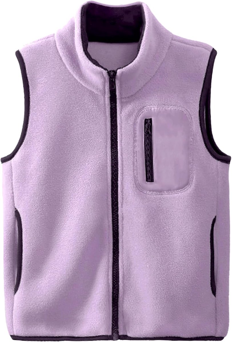 Kinderen, fleecevest, opstaande kraag, mouwloos, fleecevest met ritssluiting, effen, ouder-kind-bovenstuk, lichte bovenkleding, paars, maat 110, D1102 Paars, 98-104