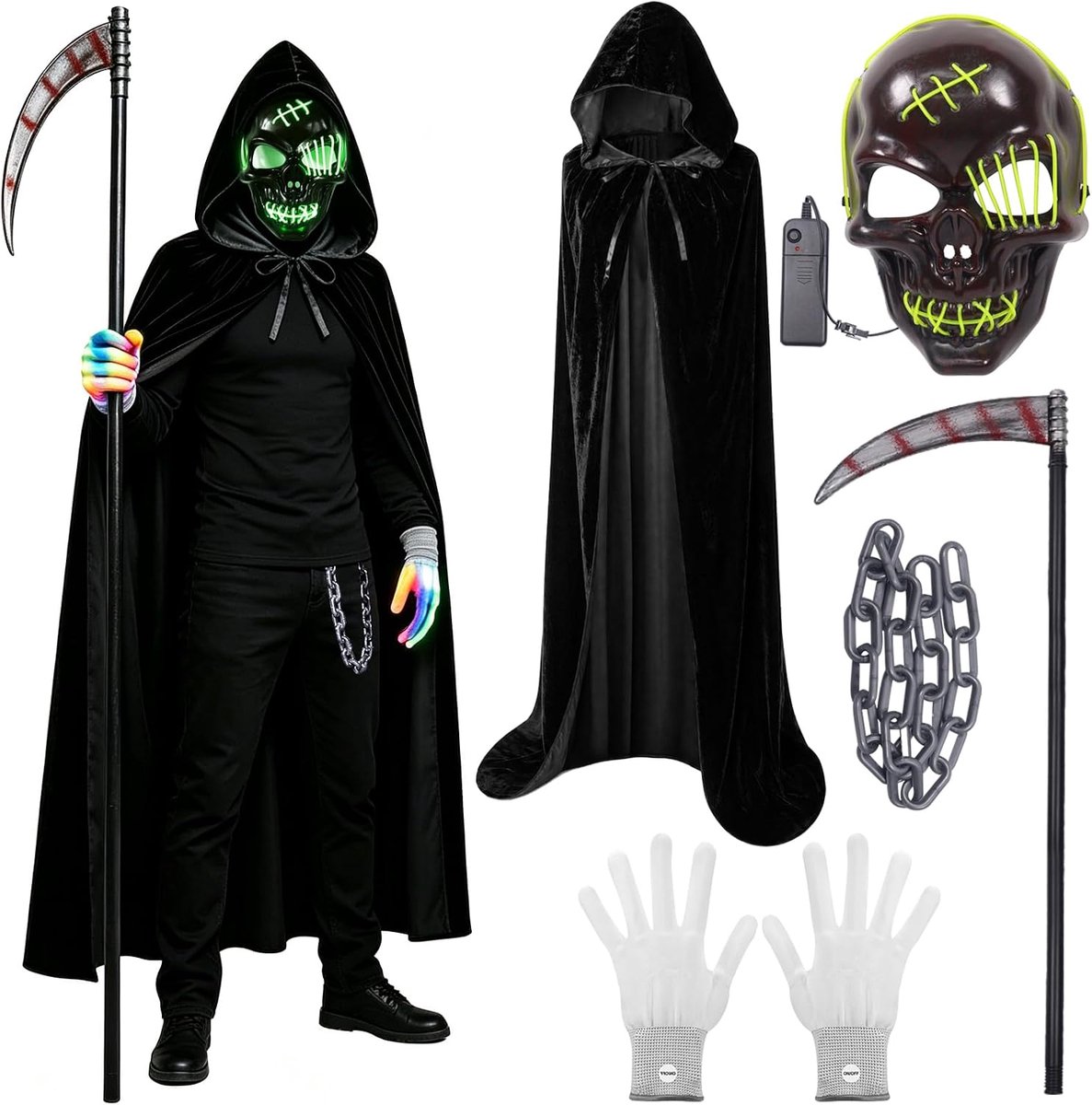 5-delig Sensenman-kostuum voor heren, halloweenkostuum voor volwassenen, halloweenmann-cape met lichtgevend griezelmasker, led-handschoenen, doodszin en kunststof ketting voor carnaval, cosplay party