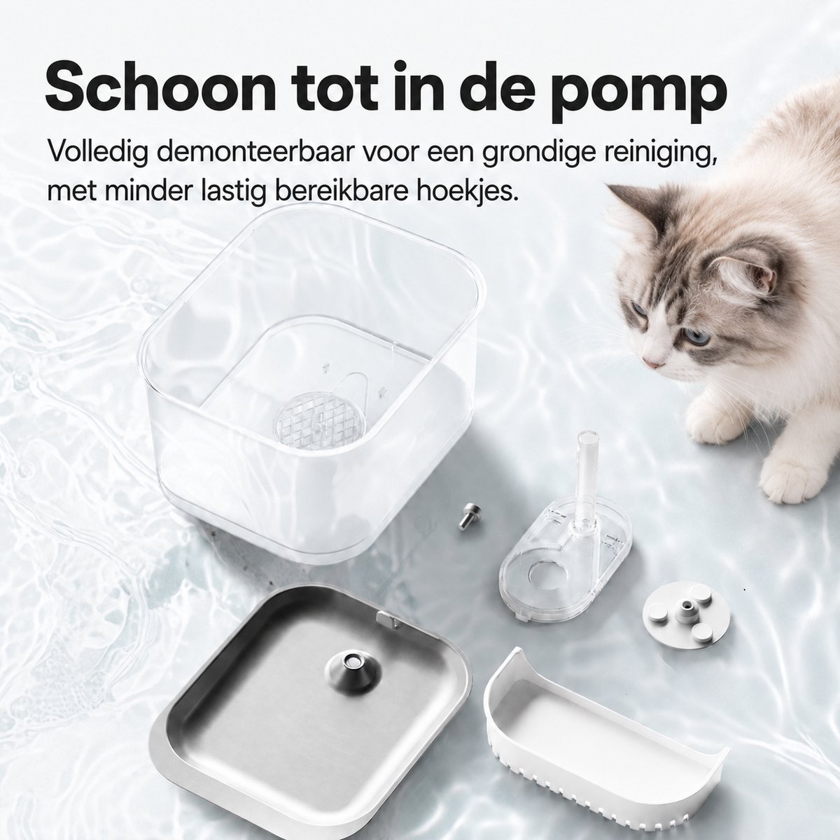 Draadloze Drinkfontein voor Katten en Kleine Honden – 2,5 L – Inclusief 7 Filters – Water en Stroom Gescheiden – Bewegingssensor – 3 Watermodi – 7200 mAh Accu – 304 RVS Drinkplateau – Stil tot 30 dB thumbnail 4