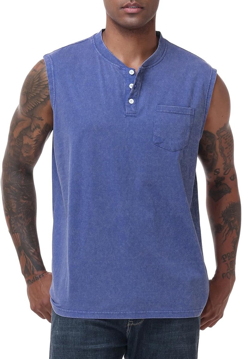 Tanktop voor heren, mouwloos, spiershirts, knoopsluiting, gym, sport, onderhemd, functioneel shirt, henley tanktop met zak