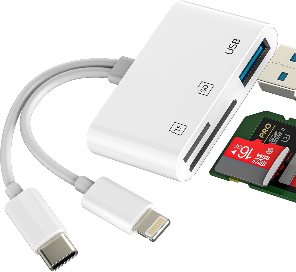USB C Lightning naar SD (3-in-2) USB OTG-kabel 3.0 adapter Micro SD TF Card Reader voor iPhone 16 15 14 13 Pro Max Type C Adapter voor Apple iPad Compatibel met Samsung Android Camera