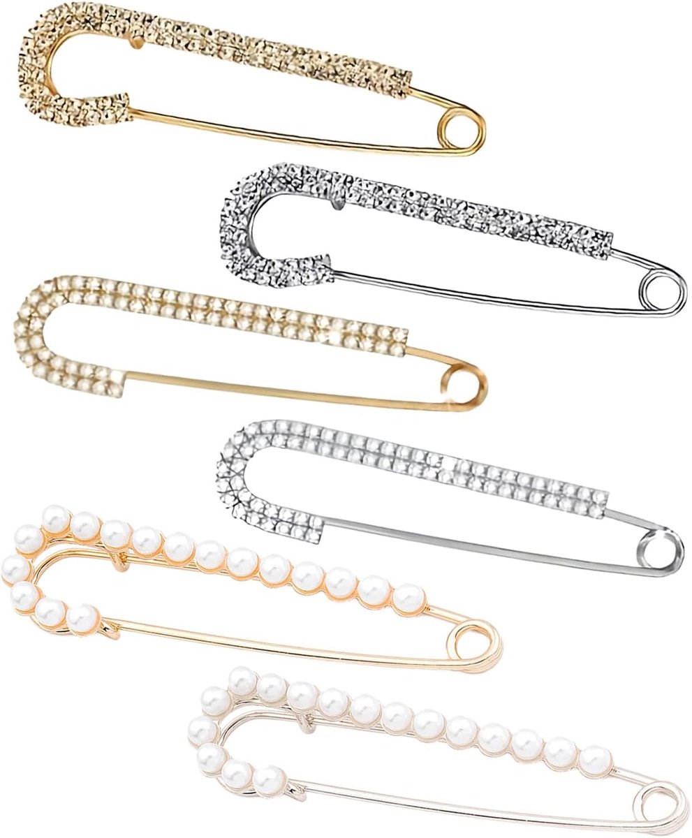 6 stuks creatieve veiligheidspennen, prachtige kralen diamant set broche, eenvoudige en modieuze knopen voor vrouwen en kleding truikraag., goud, M