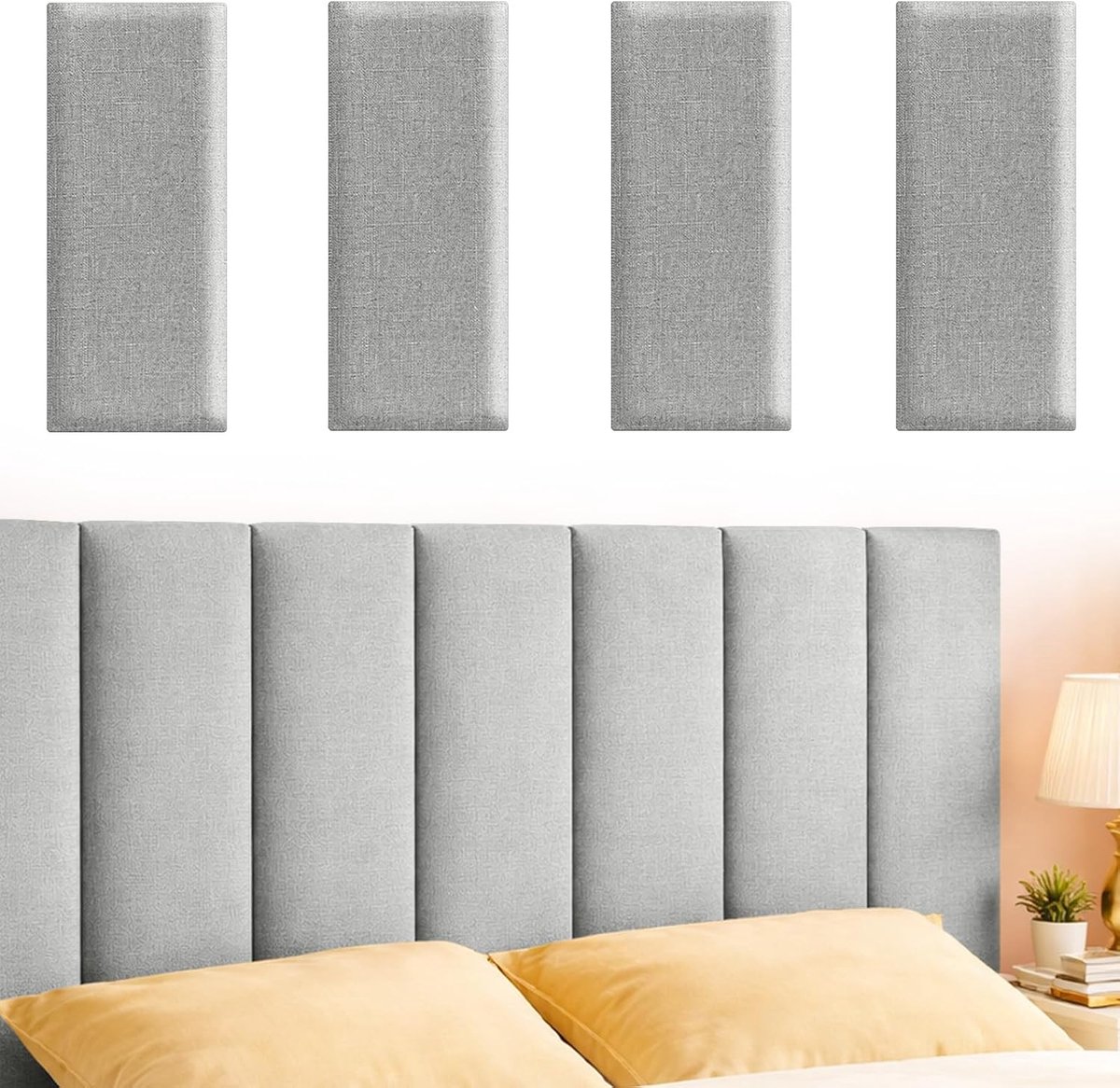 Set van 4 zelfklevende wandkussens, 40 x 20 cm, gevoerde wandkussens als hoofdeinde en stootbescherming, zachte wandpanelen voor bed, kinderkamer, slaapkamer en kantoor (lichtgrijs)