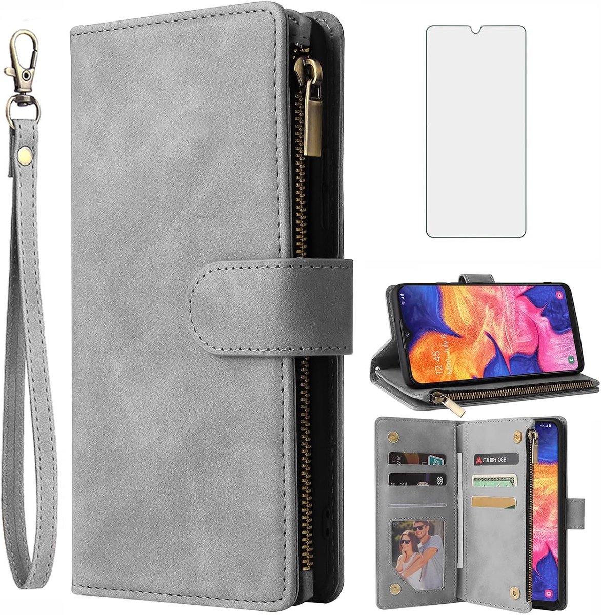 Beschermhoes voor Samsung Galaxy A10, portemonnee met gehard glas en kaarthouder, PU-leer, klaphoes, stand, melkweg, telefoonhoesje, dames, glas, displaybescherming, heren, grijs