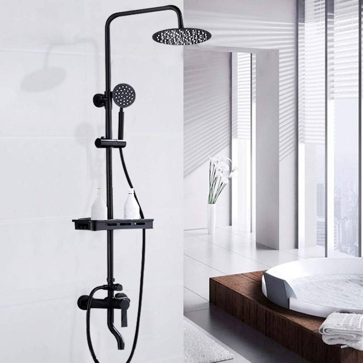 Regendouche zwart set, douchearmatuur, doucheset (douchezuil met douche-batterij en plank) koud-/warmwaterbesturingstype
