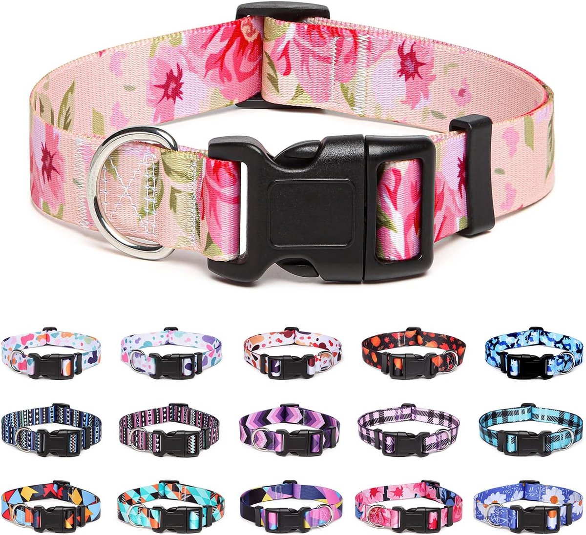 Verstelbare nylon halsband met patronen, zachte comfortabele halsband voor kleine tot middelgrote honden (L, Roos)