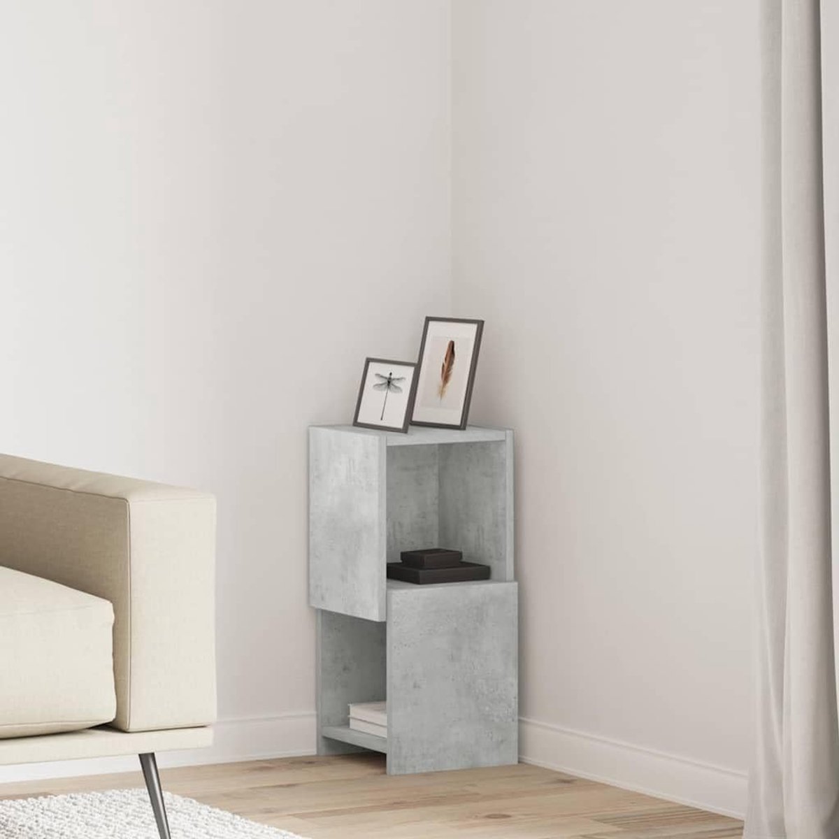 Betongrijs, 25,5 x 25 x 55 cm, modern hoekrek voor woonkamer, compact rek met 2 houten vakken