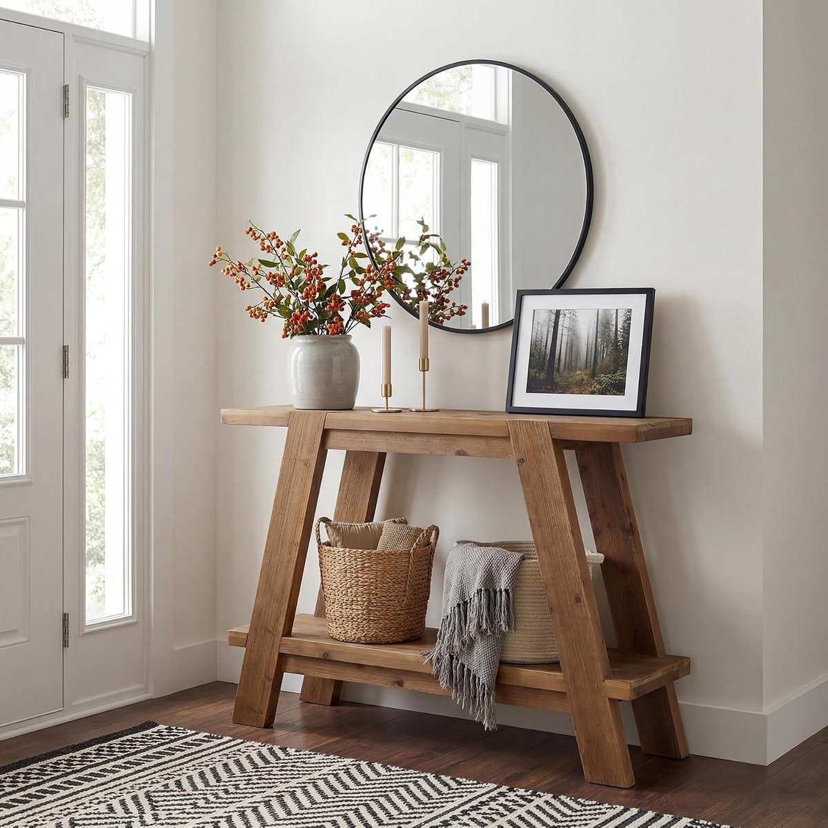Consoletafel massief hout 110 cm | rechthoekige bank achter de bank | gangtafel met plank voor hal woonkamer (eiken licht)