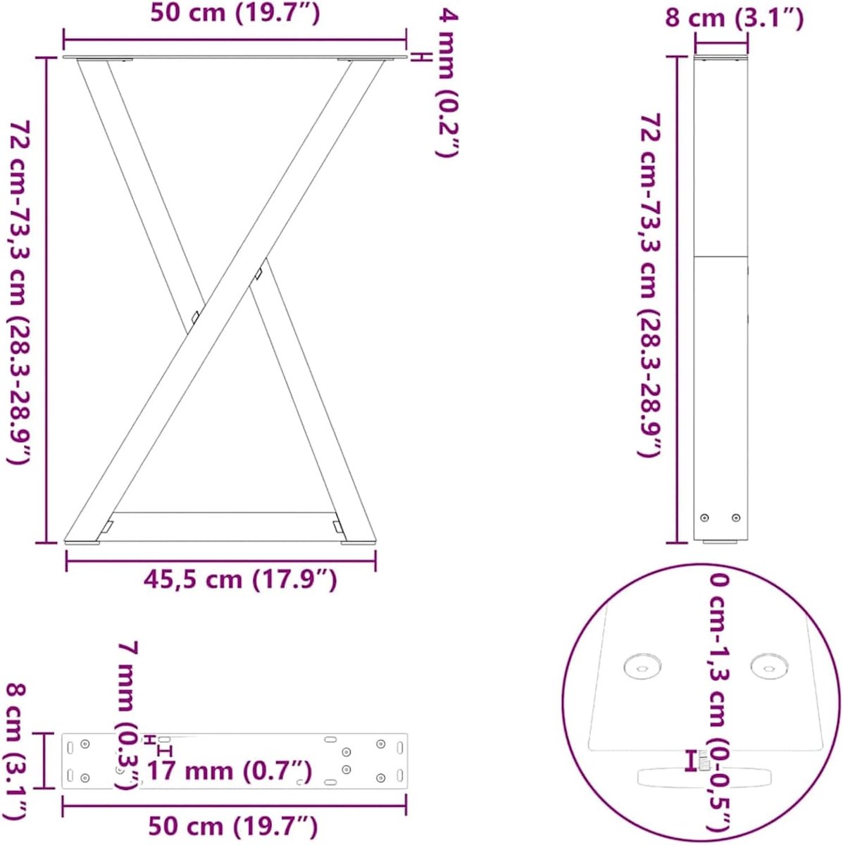 Poten, 2 stuks, robuuste stalen constructie met voorgeboorde gaten, antraciet, 50 × 72-73,3 cm, gepoedercoat, voor individuele eettafel