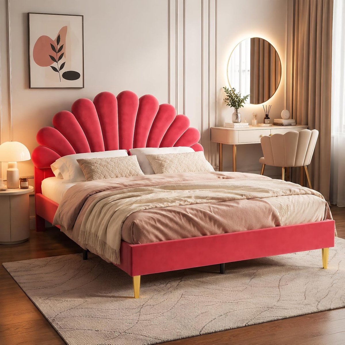 Tweepersoonsbed, 140 x 200 cm, kinderbed voor meisjes, met hoofdeinde in bloemenvorm, schelpvorm en lattenbodem, gevoerd bedframe in huidvriendelijke fluweel, zonder matras, bonenrood, 140