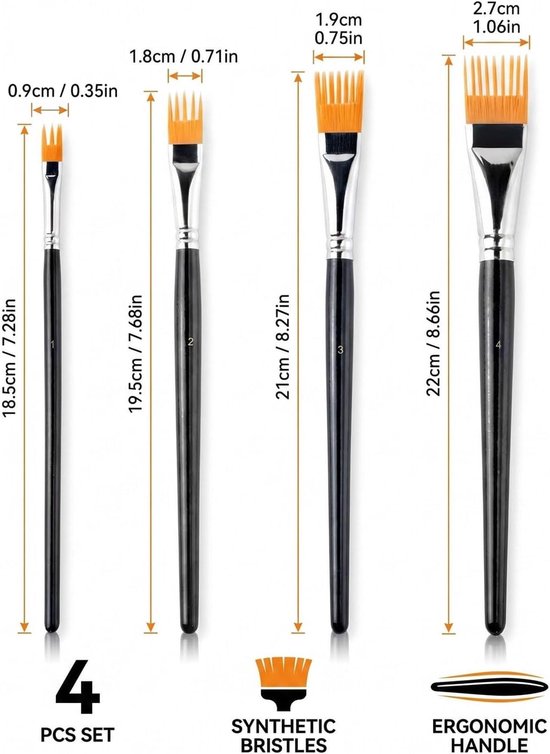 Set met 4 kampenselen voor professionele textuur voor acryl-, olie- en aquarelschilderen voor gras- en vateffecten, mooie kunst met zeef om te schilderen — afbeelding 2