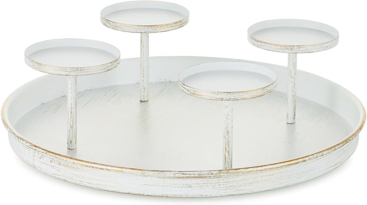 Witte Metalen Adventskrans: Ronde Decoratieve Schaal met Kandelaarhouders voor 4 Korte Kaarsen - Vintage Style voor Tafeldecoratie Kerstmis