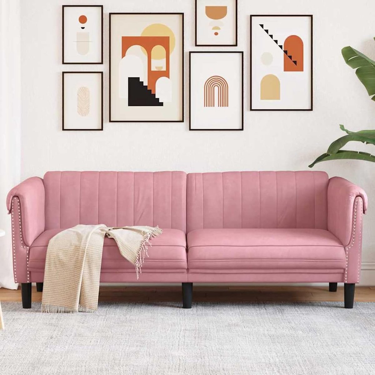 3-zits roze fluweel, gestoffeerde bank, zitgroepen, bank voor woonkamer, appartement, kantoor, logeerkamer