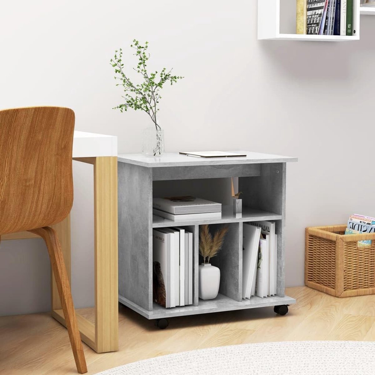 Rolcontainer in betongrijs 60 x 45 x 60 cm, mobiele kantoorkast met 4 wielen voor printers en documenten, compacte archiefkast van hout