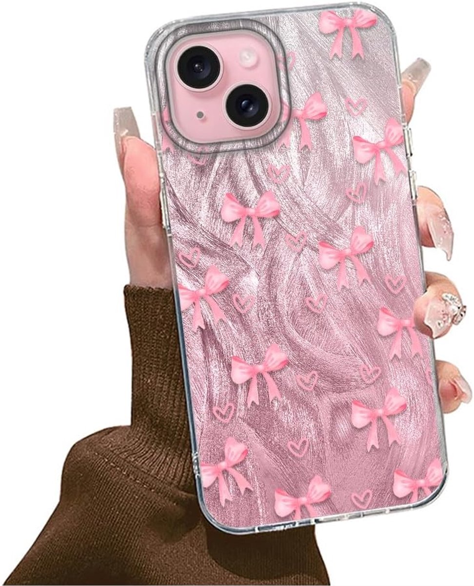 Beschermhoesje voor iPhone 15 6,1 inch met schattige roze strik en astetisch hart, dunne beschermhoes schokbestendig zachte TPU bumper hard PC case