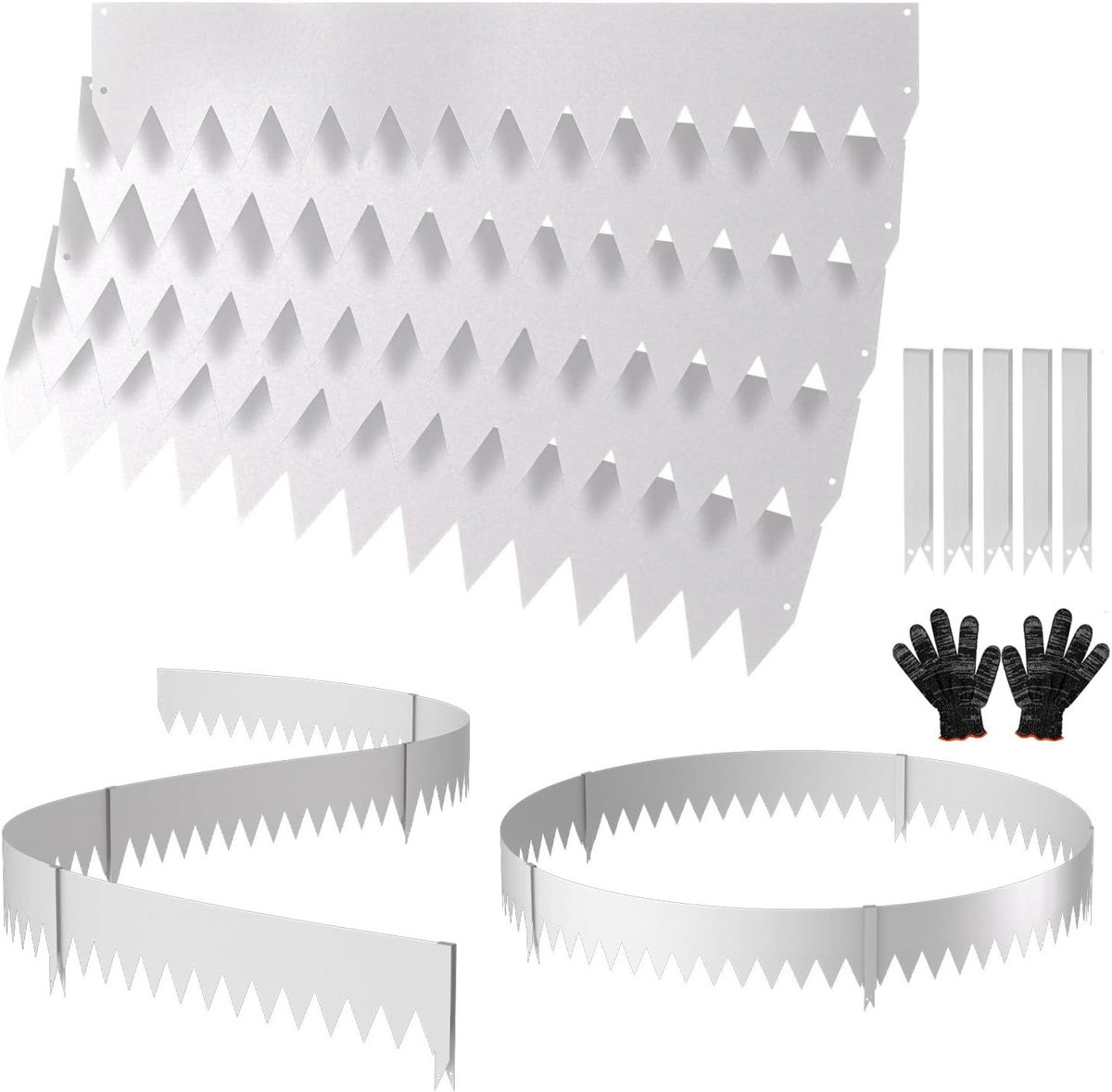 Gazonrand van metaal, 100 x 20 cm, gazonranden met scherpe zaagtanden, flexibele gazonrand met clips en handschoenen, zilver, 5 stuks (lengte 5 m - hoogte 20 cm)