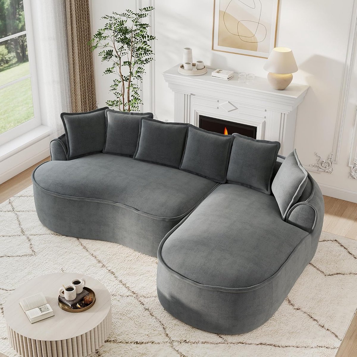 Frameless Modulaire hoekbank, L-vorm, chenille met extra diepe zitting, chaise longue, zonder montage, gebogen bank, boneless slaapbank, woonkamer, grijs, 3-zits R