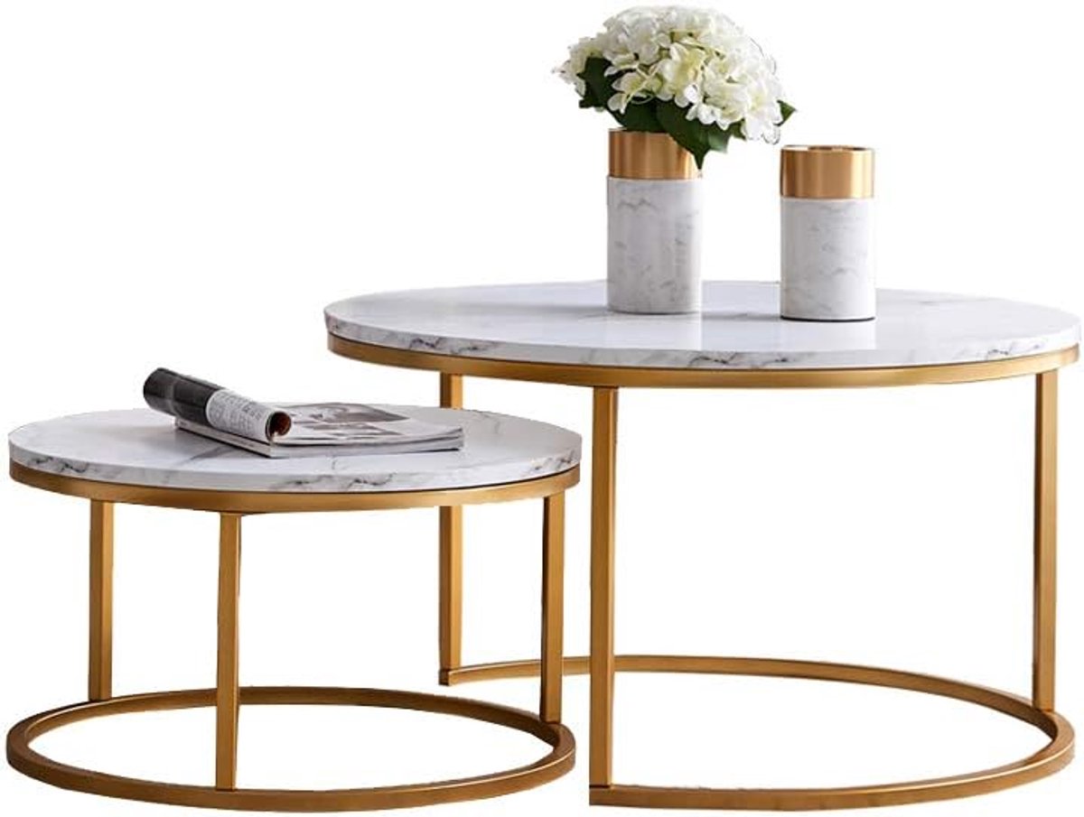 Uitschuiftafels voor woonkamer, wit marmeren bovenblad, gouden metalen voet, set van 2