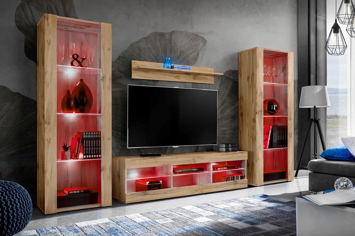 Tivoli Grande woonkamer RTV meubelset, Wotan/Wotan, Breedte 290cm x Hoogte 159cm x Diepte 35cm, LED RGB, Voor woonkamer, Slaapkamers