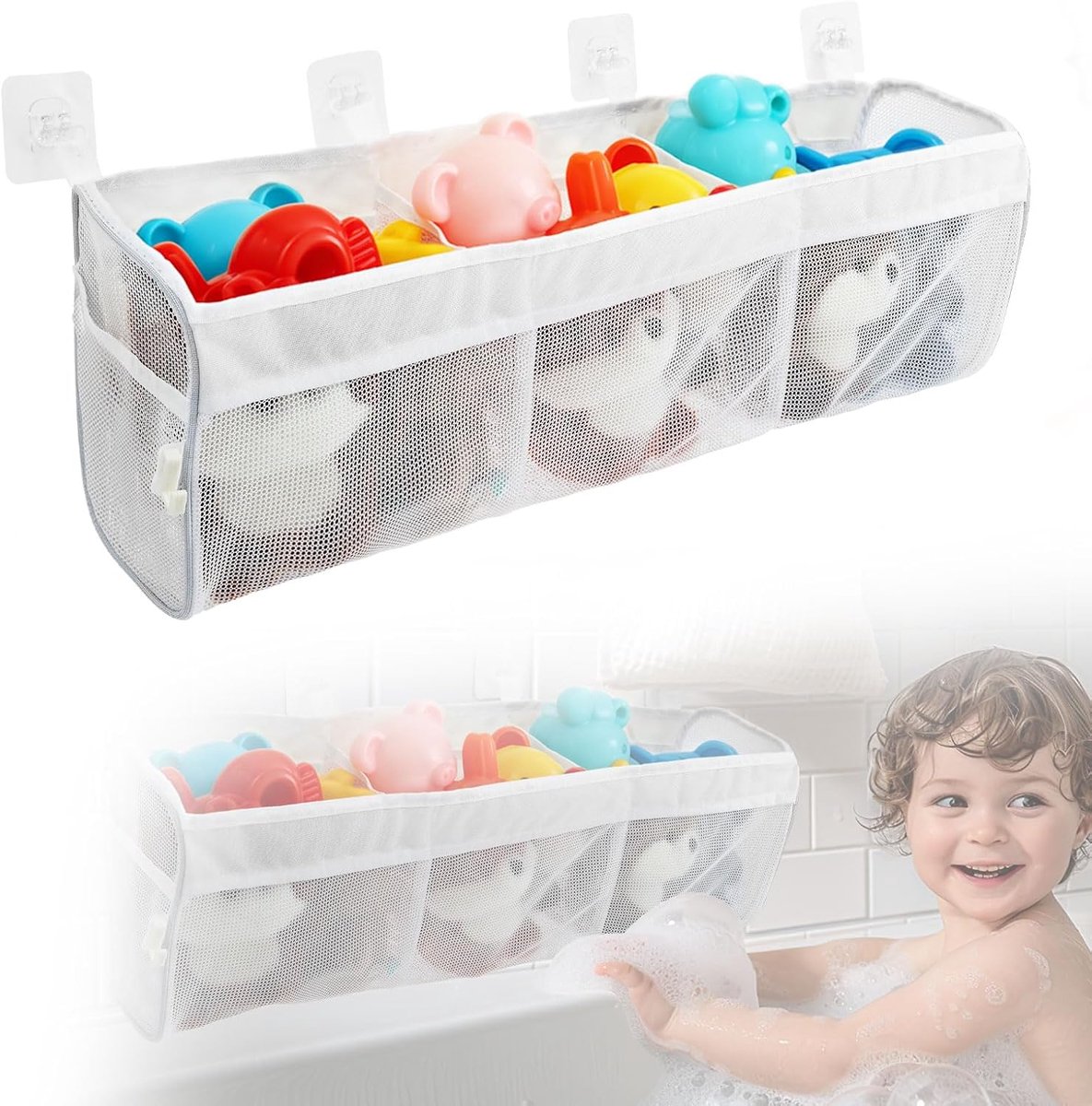 Badspeelgoed voor in de badkamer, 3 vakken, opbergrek met 2 zijvakken en 4 kleefhaken, hangende badkamerorganizer voor babybadspeelgoed, badkamers