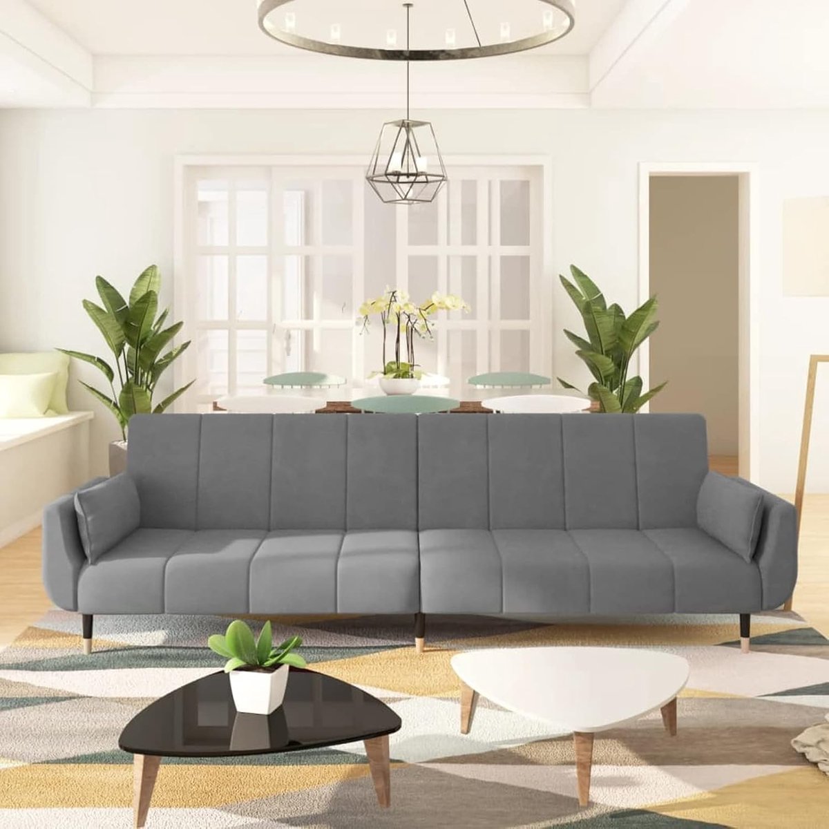 2-zits slaapbank met twee kussens, bank, tweepersoonsbed met verstelbare rugleuning, cabrio, moderne bank, voor woonkamer, kantoor, fluweel, lichtgrijs