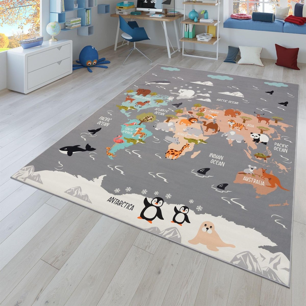 Home Vloerkleed Kinderkamer Meisjes Jongens Antislip Dierlijk Motief Autos, Kleur:Grijs Blauw Bruin, Maat:200x290 cm