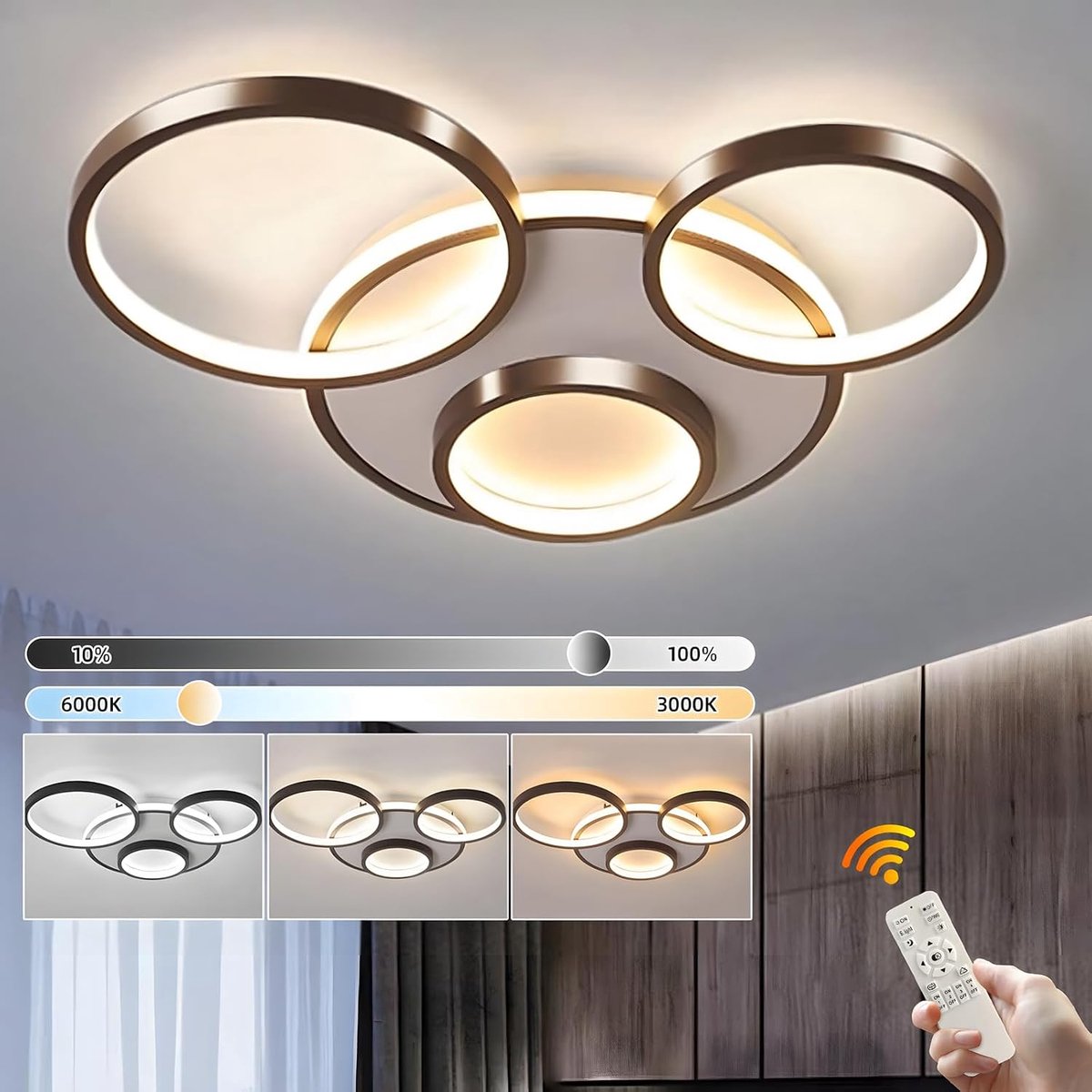 LED Plafondlamp, Ø53cm Zwarte Multi-Cirkellamp, 42W Traploos Dimbaar 3000-6000K, Rond Metaal + Acryl Kroonluchter, Slaapkamer Wonen Kinderen Kantoor Studeerkeuken Hal (4 Ringen)