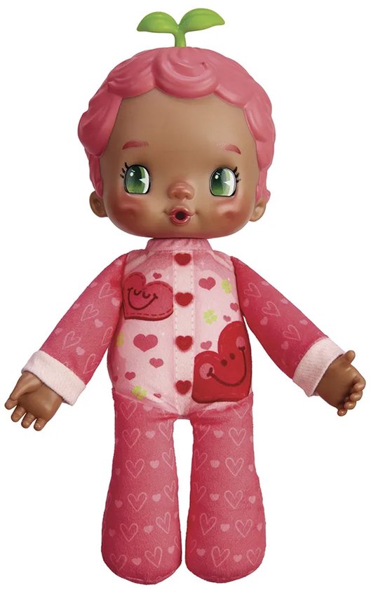 Kira Luvibubs pop met roze krulletjes en groene oogjes, draagt een roze pyjama met hartjesprint.