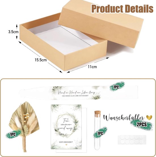 bruiloft verpakkingen, huwelijkscadeaus voor bruidspaar Geschenkdoos Kraftpapier-geschenkdoos met gedroogde bloemen wensglas, DIY Eenvoudig creatief huwelijkscadeau — afbeelding 4