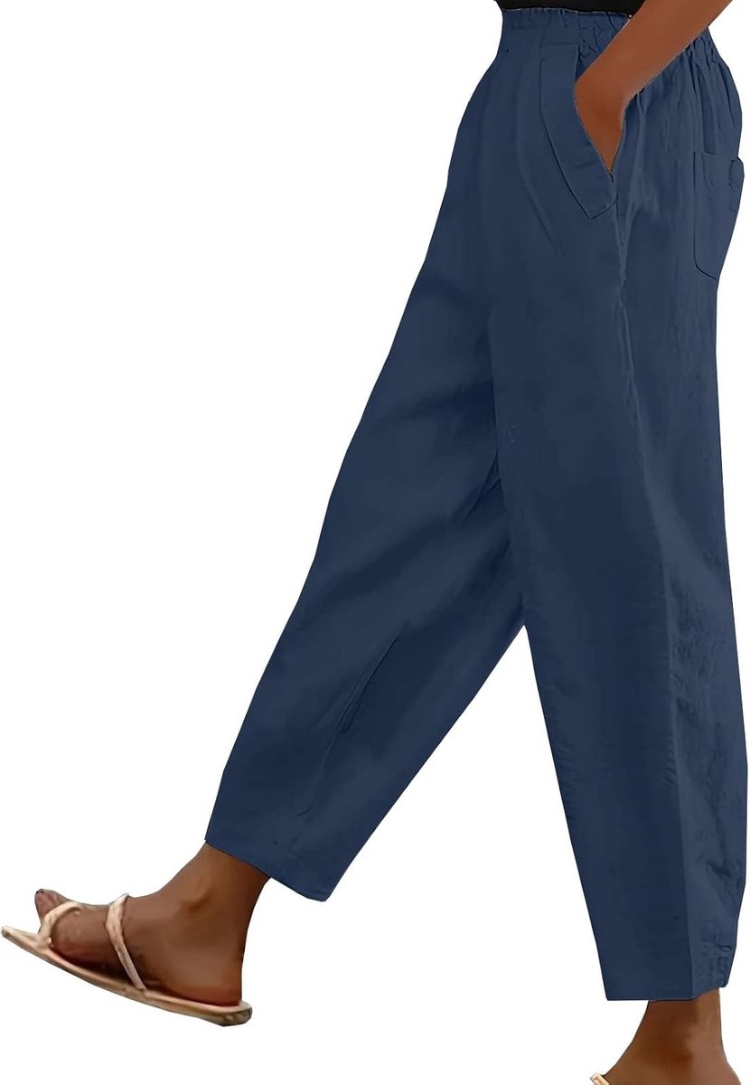 Katoenen linnen broek voor dames, UK casual cropped tonvormige palazzobroek elastische taille Laides broek zomer lounge broek wijde pijpen joggingbroek met zakken voor strandvakantie