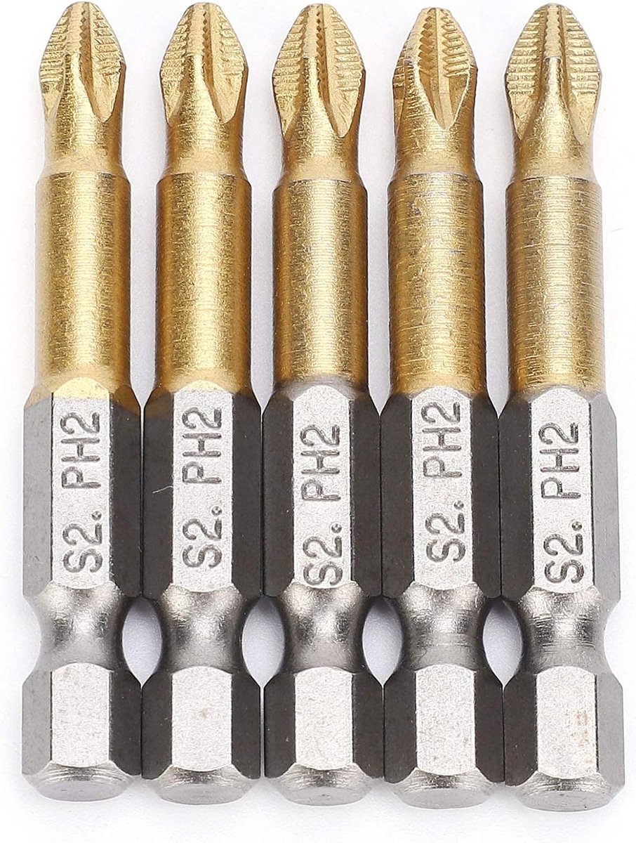 Schroefbitset 5-delig 50mm PH2 - Phillips - Hex shank 1/4 inch - Antislip - Voor boormachines
