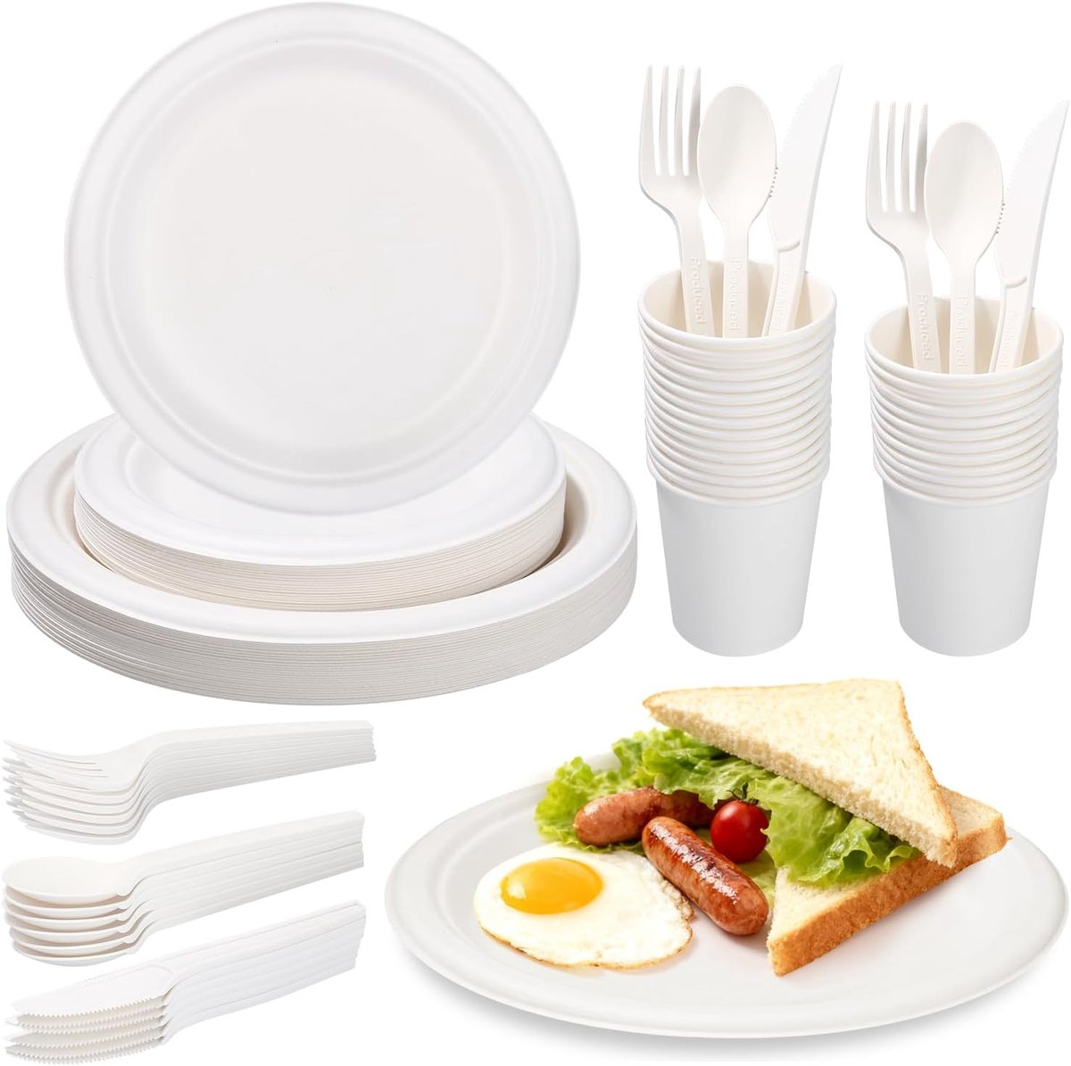150 stuks borden en bestekset, partyservies, composteerbaar, papieren borden en bestekset, voor feestjes en picknicks, inclusief borden, lepel, vork, mes