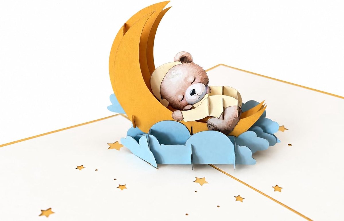 3D pop-up kaart met slapende teddybeer op de maan, speciale wenskaart voor geboorte, doop, babyshower of kinderverjaardag, inclusief witte envelop