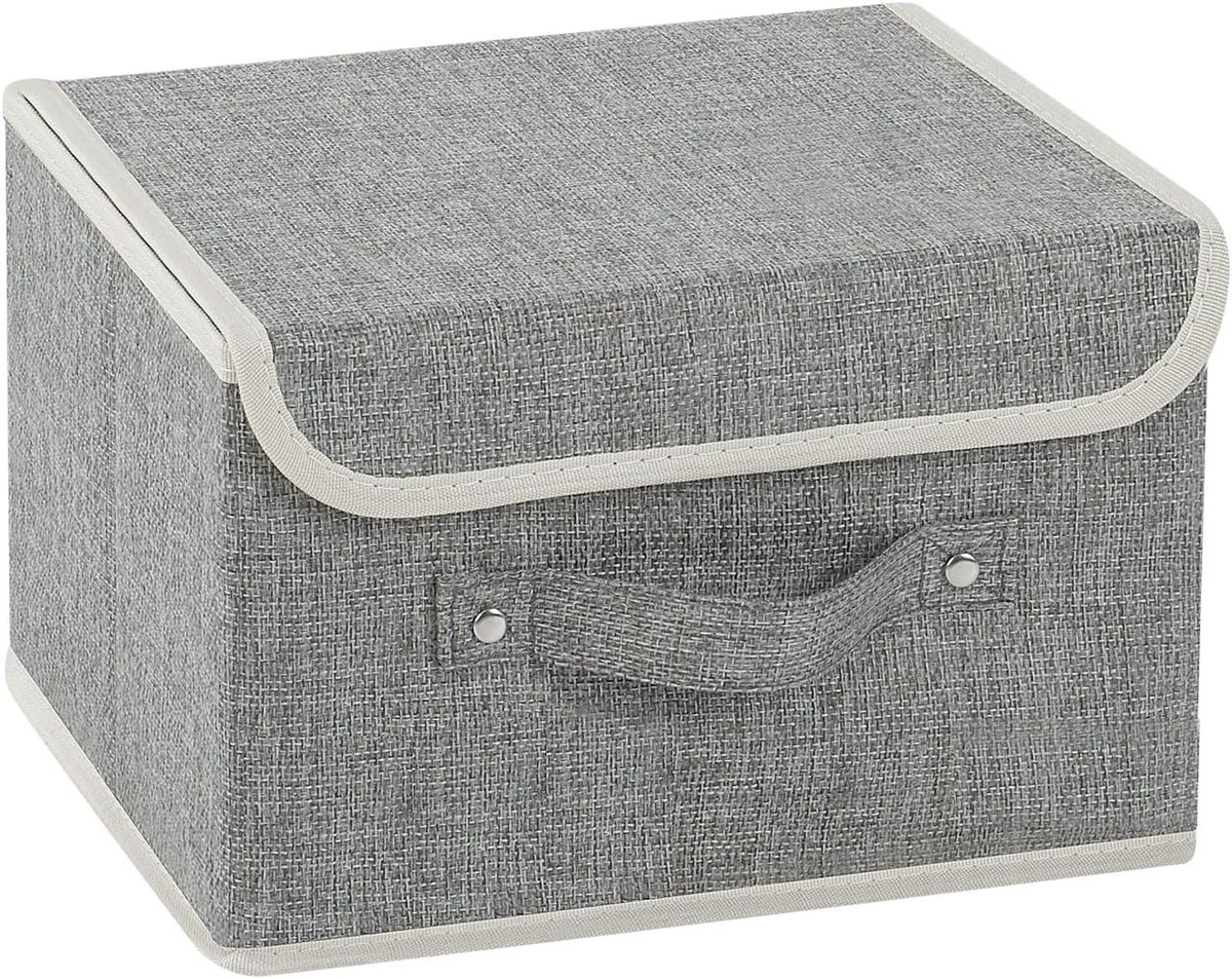 Opvouwbare opbergbakken met deksels, katoenen en linnen doek opbergmanden met handvat, voor boeken, kast, slaapkamer, huis, 25,2 x 20 x 17 cm, grijs