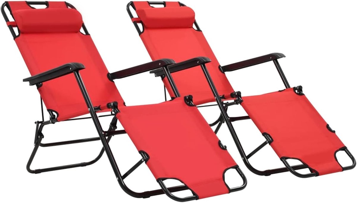2 inklapbare ligstoelen en beensteunen van rood staal, ligstoelen, tuinligstoelen, ligstoel, strandstoel - 44344