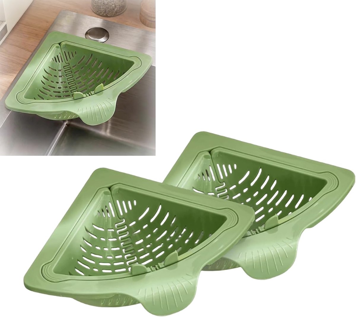 2 stuks driehoekige hoekmanden voor keukenspoelbak, driehoekig filter voor gootsteen met draaibaar deksel, hoekorganizer voor het wassen van groenten en fruit voor het hakken en wassen