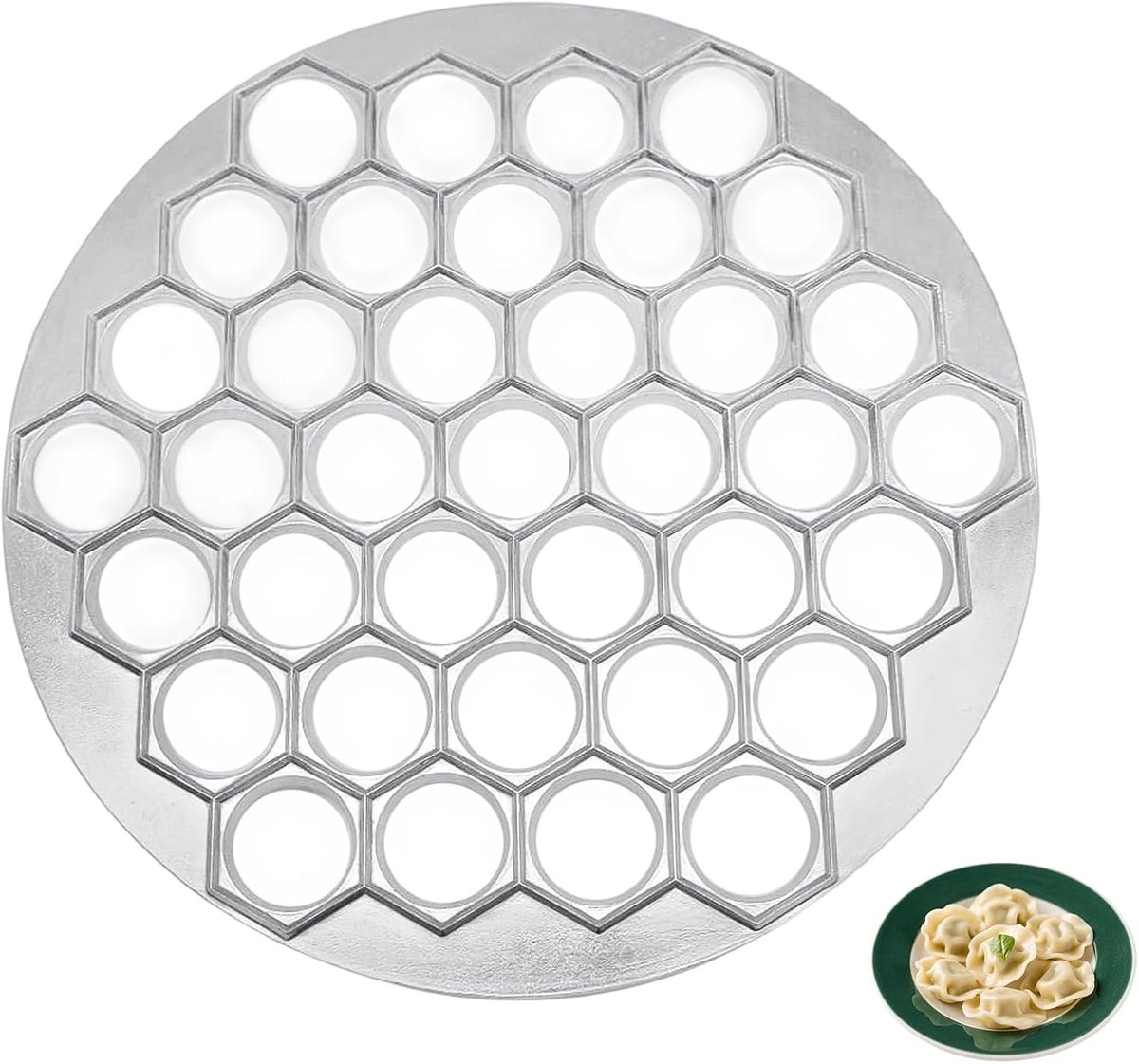 Makermit 37 gaten, 2-in-1 Pelmeni-vorm, aluminium keukengereedschap voor knoedels, Wonton, Baozi, ravioli of samosa, anti-aanbakvorm, Russische deegzakpers (zilver)