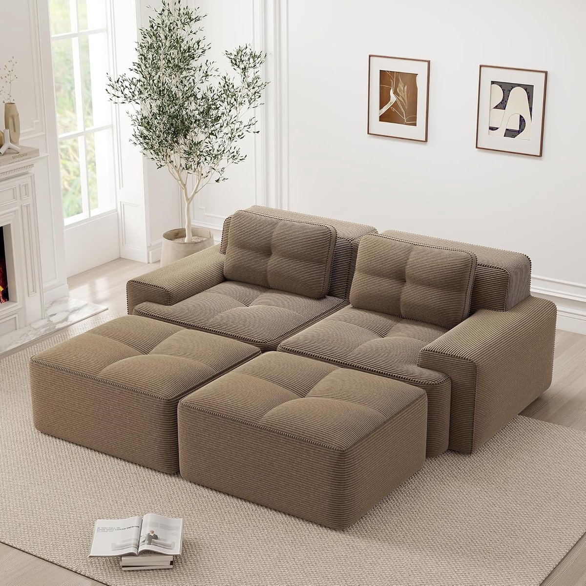Moderne Cloud modulaire bank Boneless U-vormig, corduroy cloudbank met diepe zitting en poef, modulaire slaapbank zonder montage, brede armleuningen, antislip basis, voor woonkamer (bruin, 2