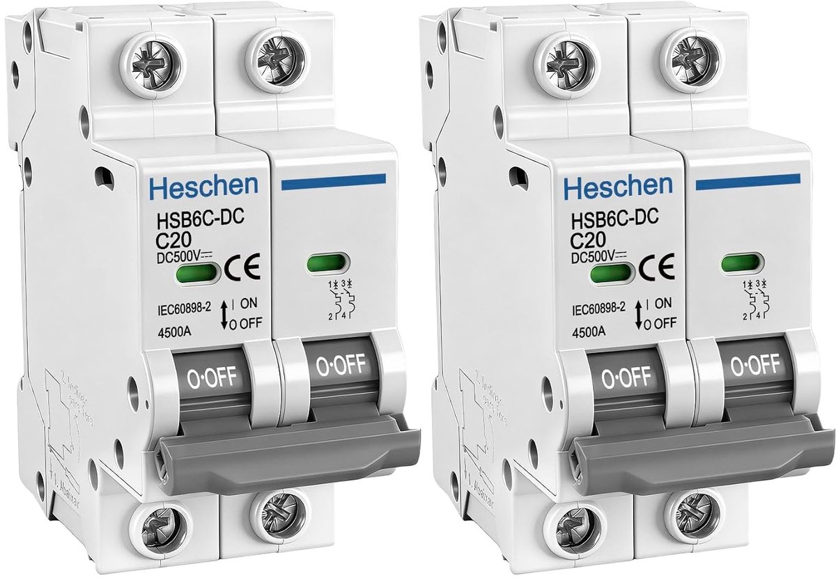 Miniatuur stroomonderbrekers 2-polig - DC500V 20A - voor zonnepanelen - 35mm DIN-rail montage