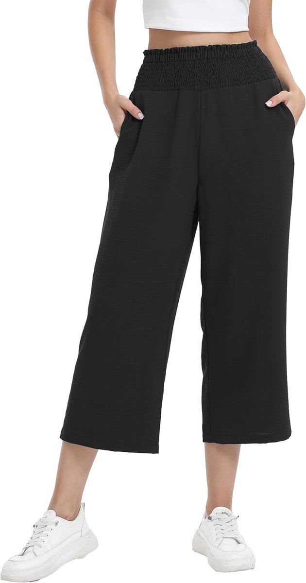 3/4 culotte broek elastische hoge taille zomerbroek | lichte driekwart capribroek met wijde pijpen en zakken