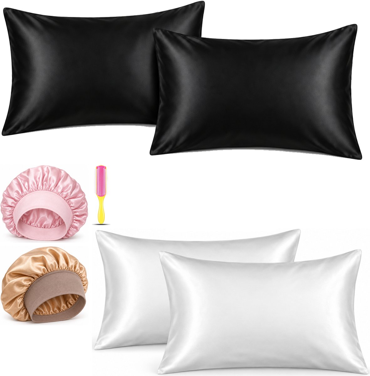 Professor Q Haar- en Slaapset - 2 Kussenslopen Wit 60 x 70 cm - 2 Kussenslopen Zwart 60 x 70 cm - Bonnet Roze - Bonnet Goud - Fusion Pink Borstel
