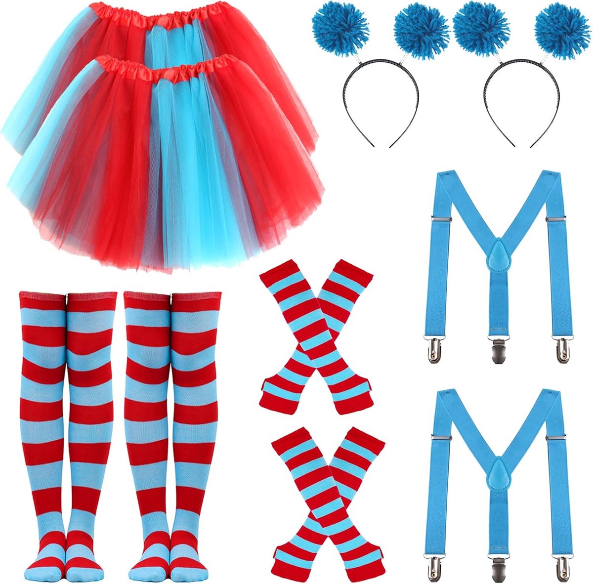 Set van 2 tule, tutu, kostuumaccessoires, 8090 neon rok, regenboogrok, rood, blauw, tule, rok, gestreepte sokken, rekbare handschoenen, rugzak, broek voor carnaval, wereld, boek, dag Halloween,