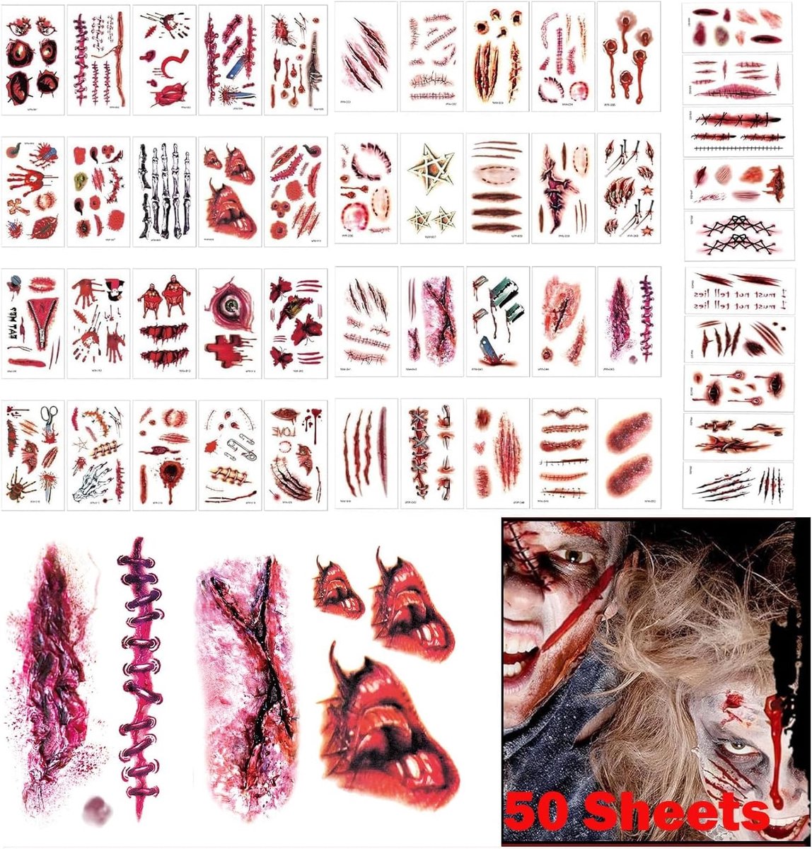 Tattoo, gezicht 280 stuks, nepbloed littekens, tijdelijke tatoeage, griezelige make-up voor volwassenen, waterdichte Halloween-accessoires, zombiehorror, cosplay, 50 vellen