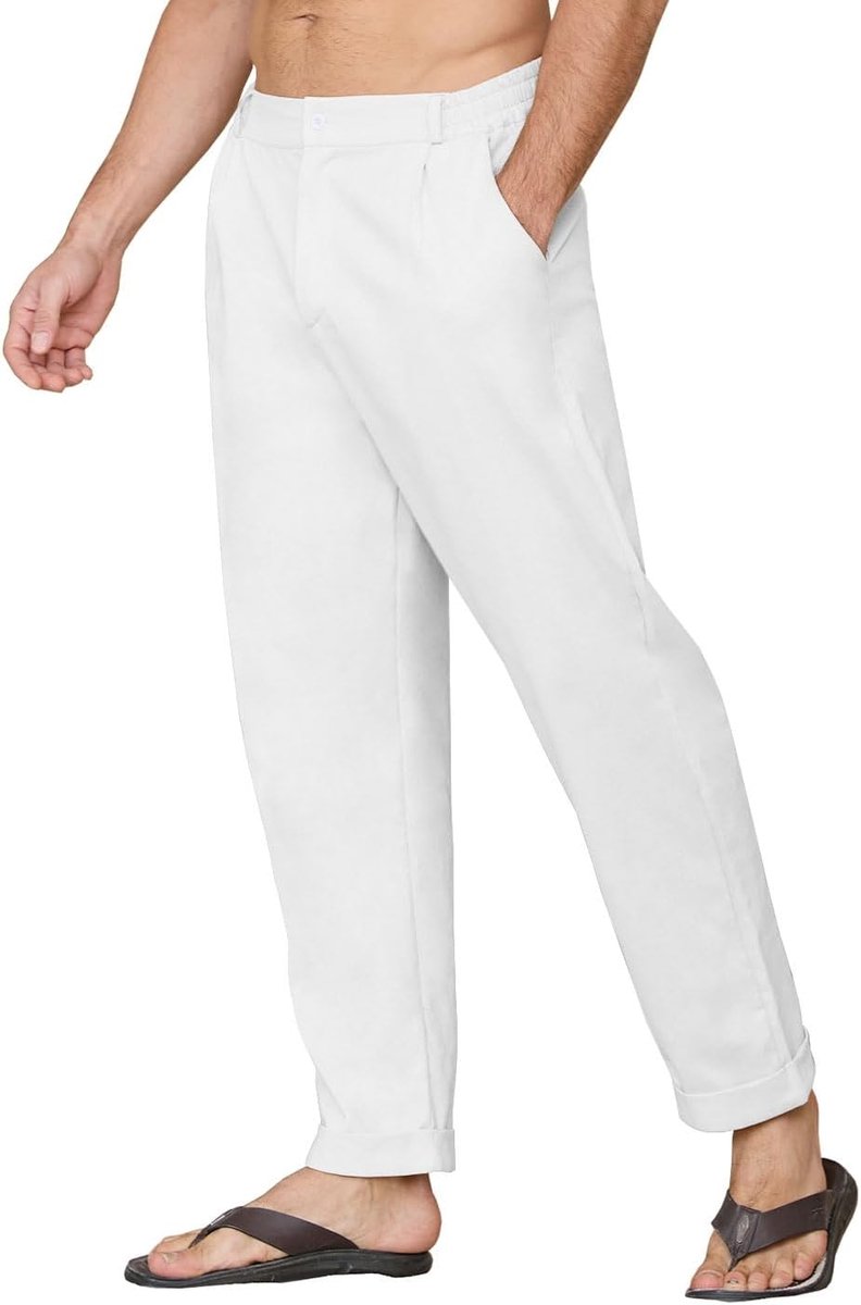 Linnen broek voor heren, chinobroek voor heren, smalle pasvorm, linnen broek, elastische tailleband, linnen broek voor heren, licht, casual, lang, met gesp