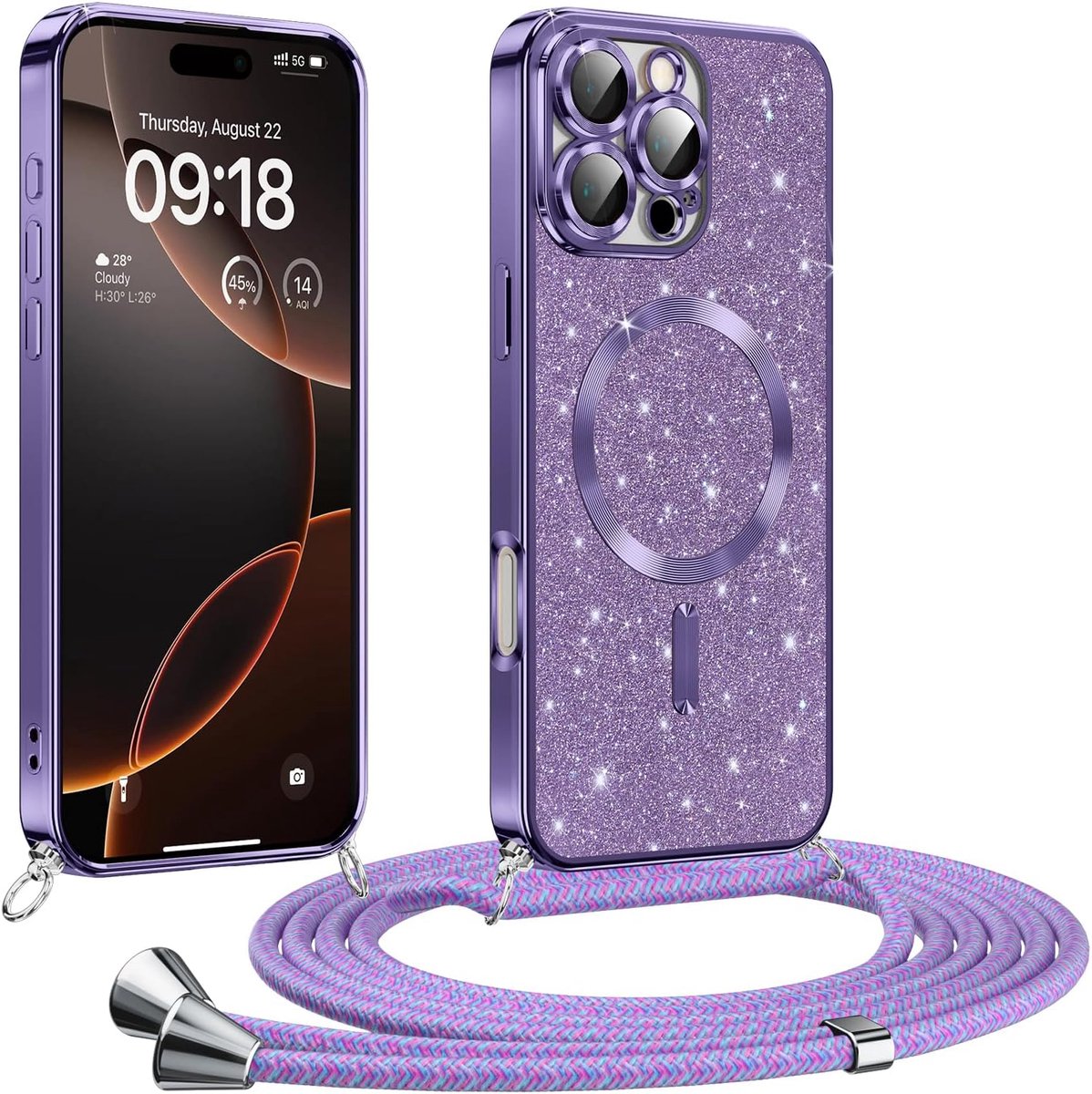 Telefoonhoesje met koord voor iPhone 16 Pro, glitter, compatibel met MagSafe, volledige bescherming, krasbestendig, schokbestendig, beschermhoes met verstelbare ketting, paars