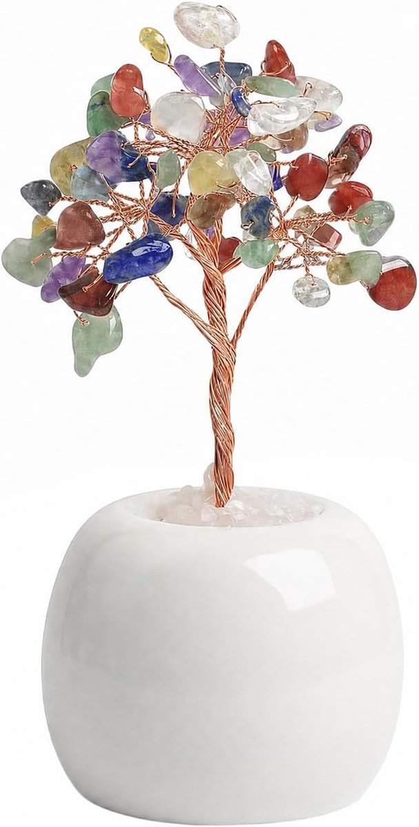 Ornament met 7 Kleuren Kwartskristallen, Handgemaakte Energie Edelsteenboom met Witte Keramische Basis voor Huis- en Kantoordecoratie