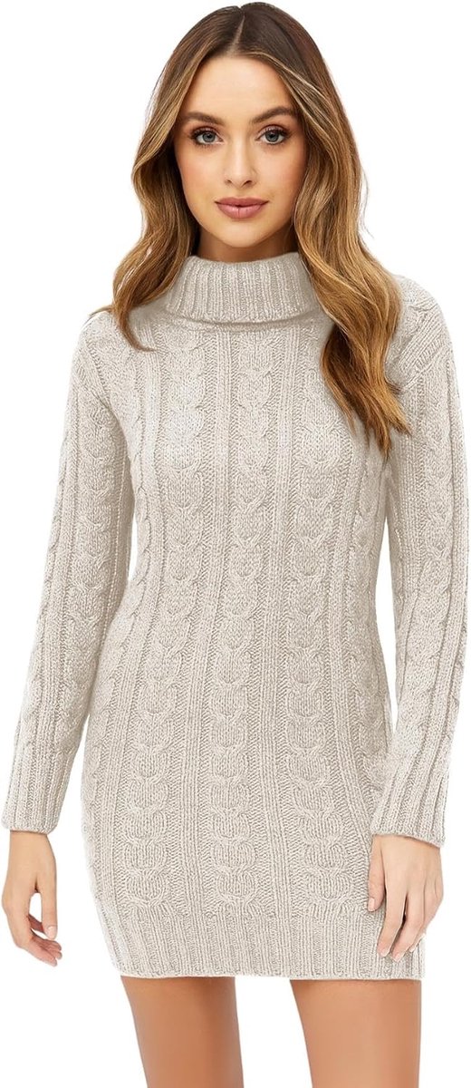 Dames Cowl Polo Neck Kabel Gebreide Jumper Bodycon Tuniek Mini Jurk, Steen, 34/36 NL