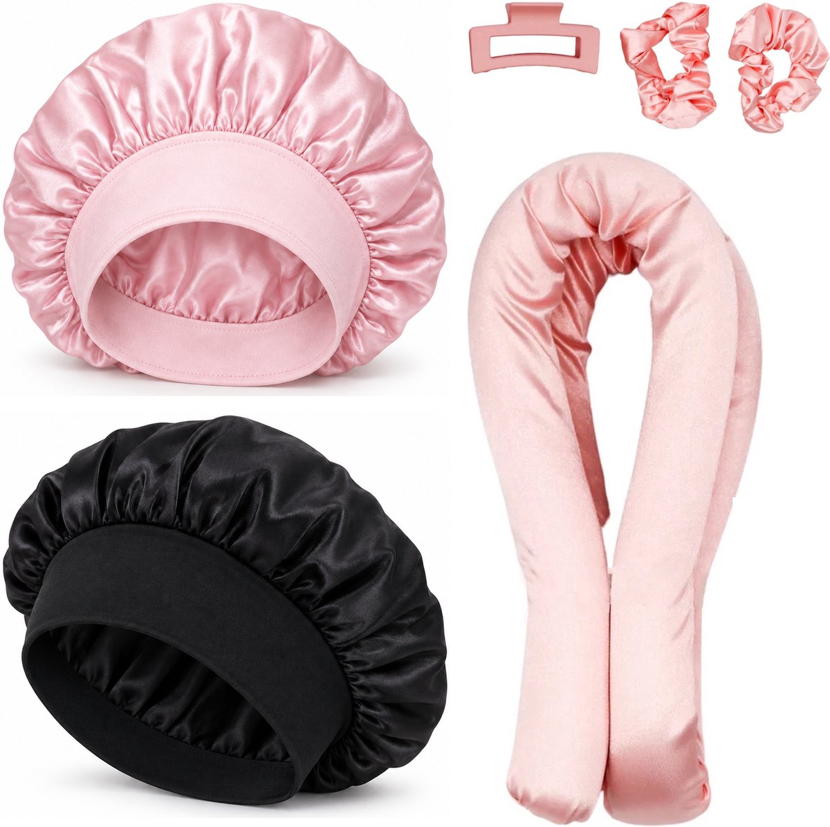 Professor Q Heatless Curls Set - Heatless Curlset met 2 Elastiekjes en Klem - Bonnet Roze - Bonnet Zwart