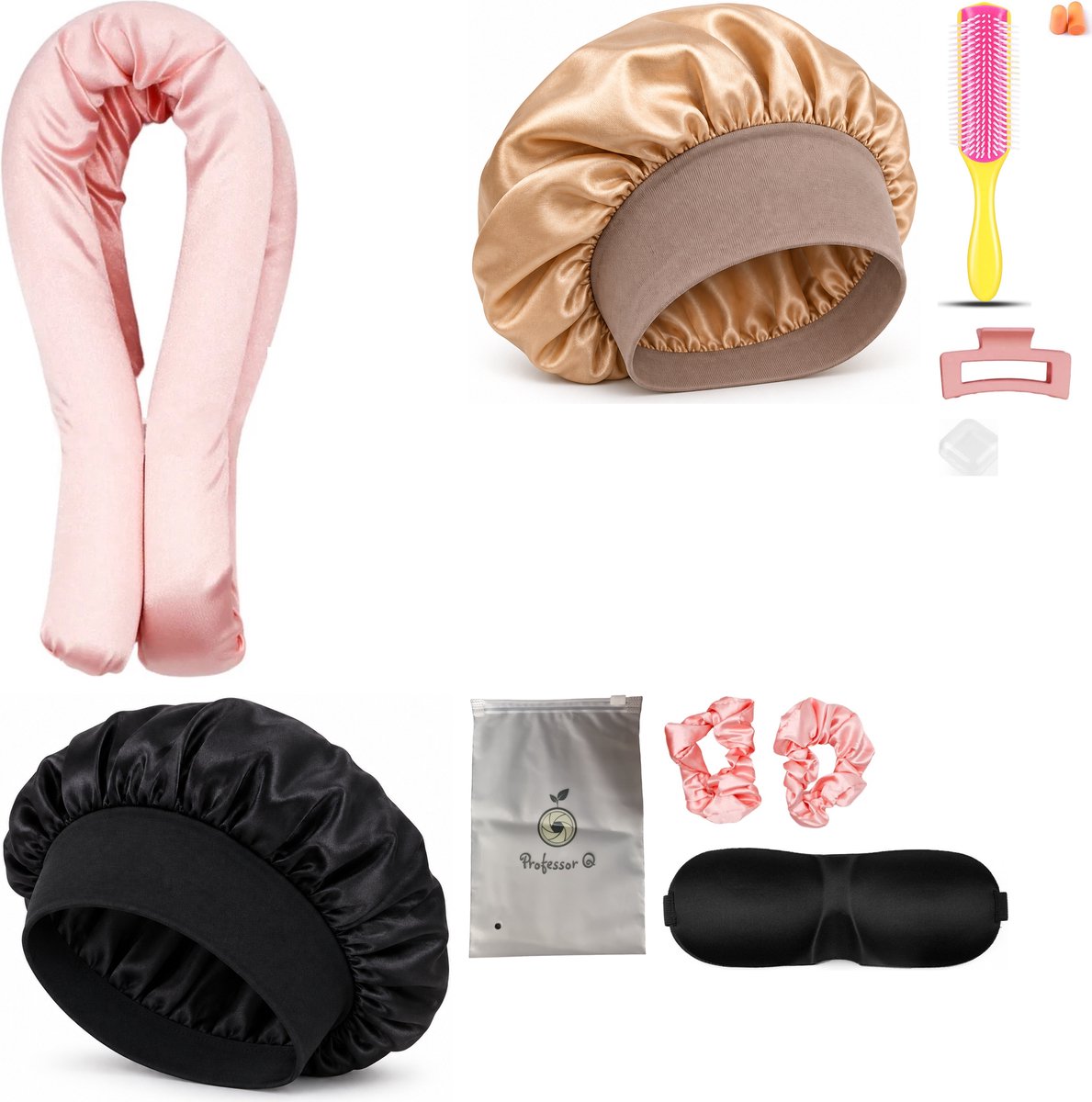 Professor Q Heatless Curls Set - Heatless Curlset met 2 Elastiekjes en Klem - Bonnet Zwart - Bonnet Goud - Fusion Pink Borstel - Slaapmasker Zwart