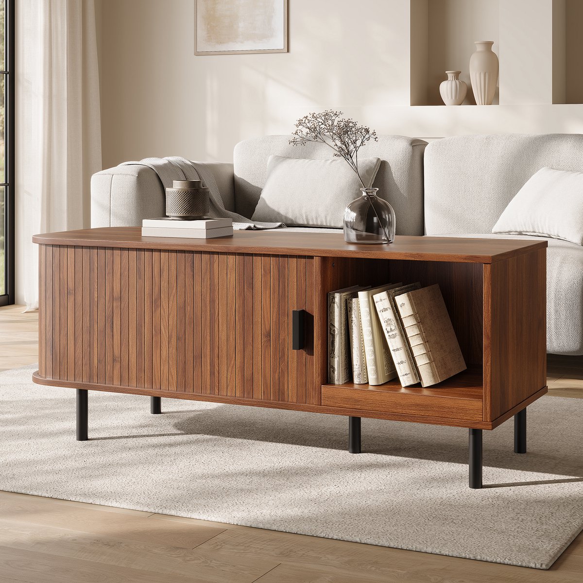 DESMIU Salontafel - Schuifdeur Met Opbergruimte En Open Vak - Voor Woonkamer - MDF En Spaanplaat - 110x40x55 Cm - Walnoot